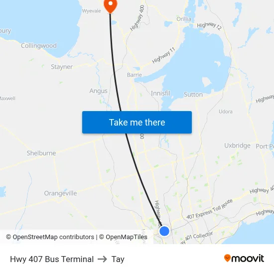 Hwy 407 Bus Terminal to Tay map