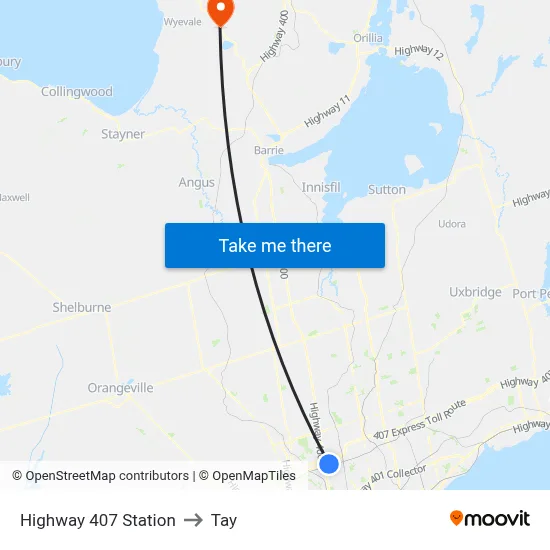 Highway 407 Station to Tay map