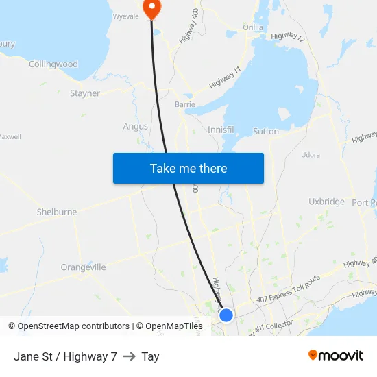 Jane St / Highway 7 to Tay map