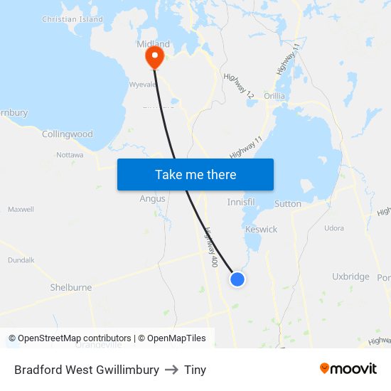 Bradford West Gwillimbury to Tiny map