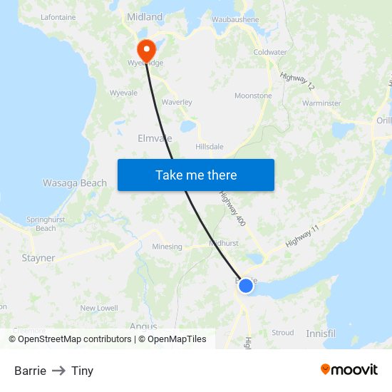 Barrie to Tiny map