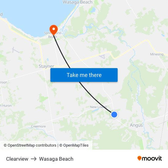Clearview to Wasaga Beach map