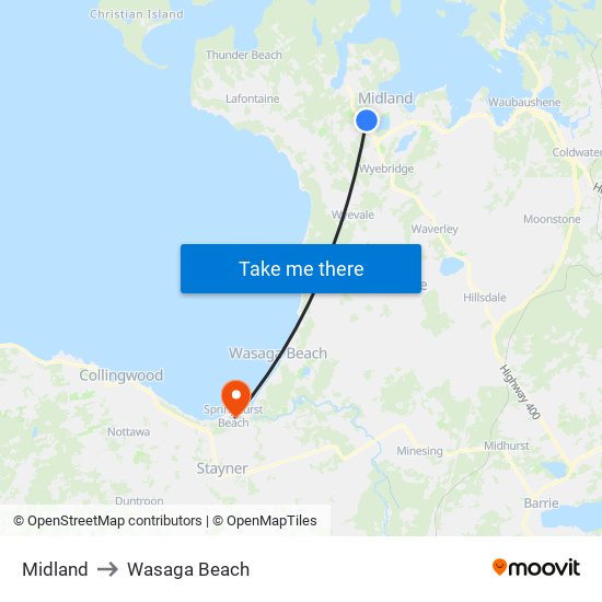 Midland to Wasaga Beach map