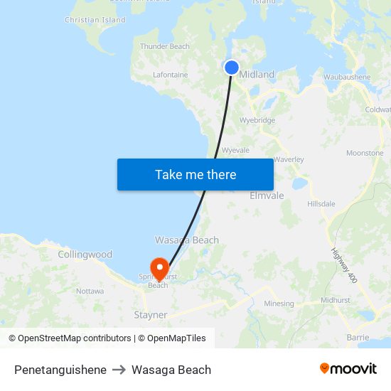 Penetanguishene to Wasaga Beach map