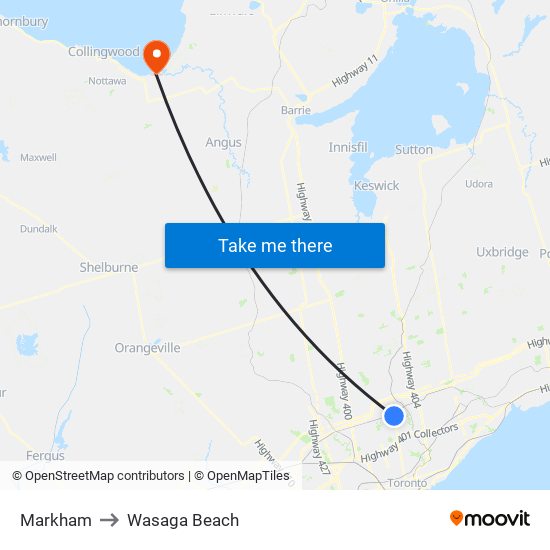 Markham to Wasaga Beach map