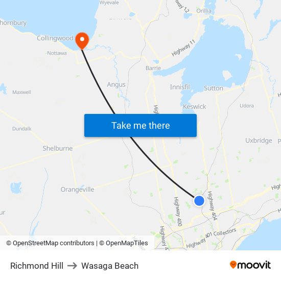 Richmond Hill to Wasaga Beach map
