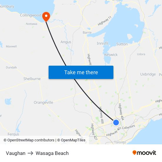 Vaughan to Wasaga Beach map