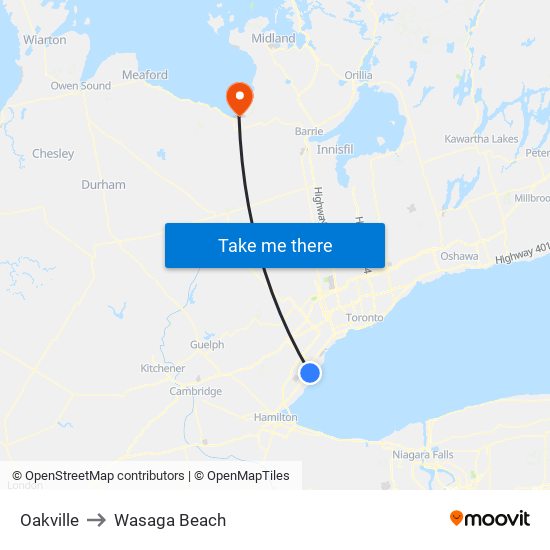 Oakville to Wasaga Beach map