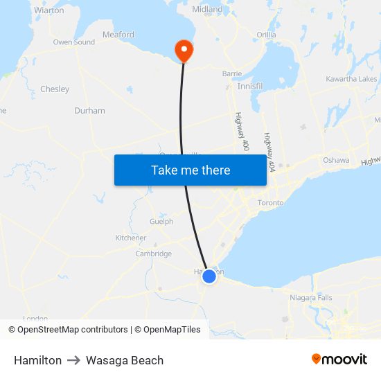 Hamilton to Wasaga Beach map
