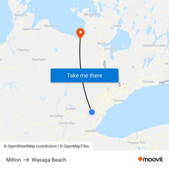 Milton to Wasaga Beach map