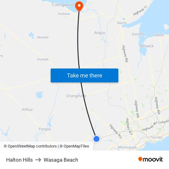 Halton Hills to Wasaga Beach map