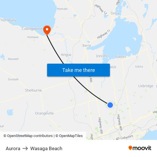 Aurora to Wasaga Beach map