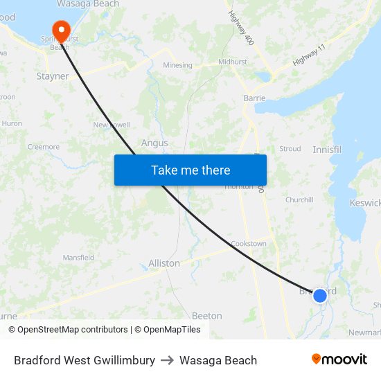 Bradford West Gwillimbury to Wasaga Beach map