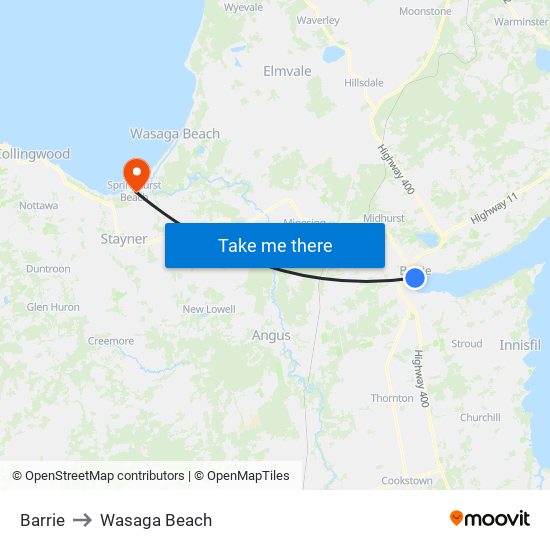 Barrie to Wasaga Beach map