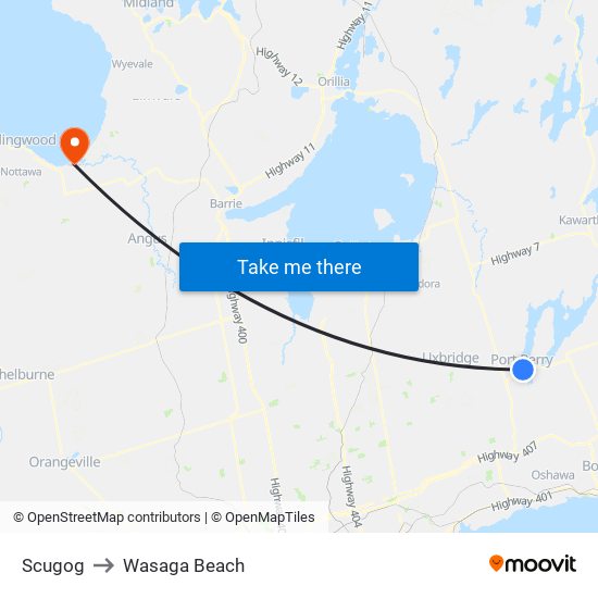 Scugog to Wasaga Beach map