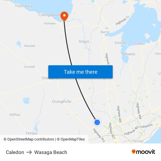 Caledon to Wasaga Beach map