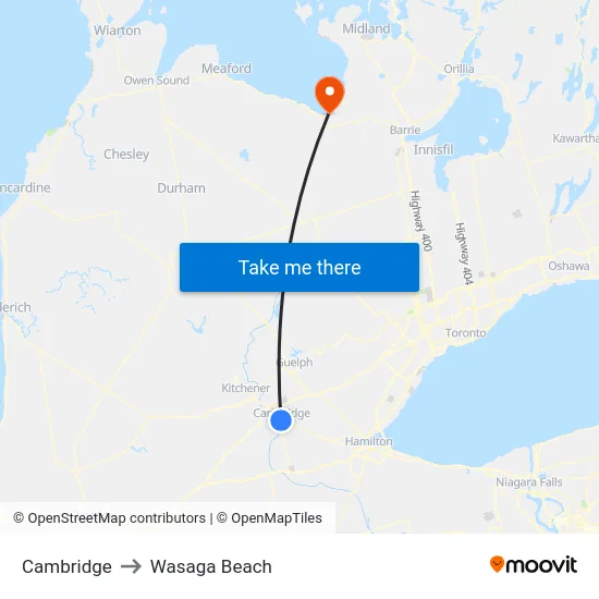 Cambridge to Wasaga Beach map