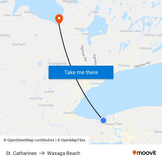 St. Catharines to Wasaga Beach map