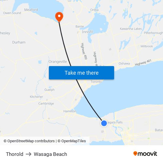 Thorold to Wasaga Beach map