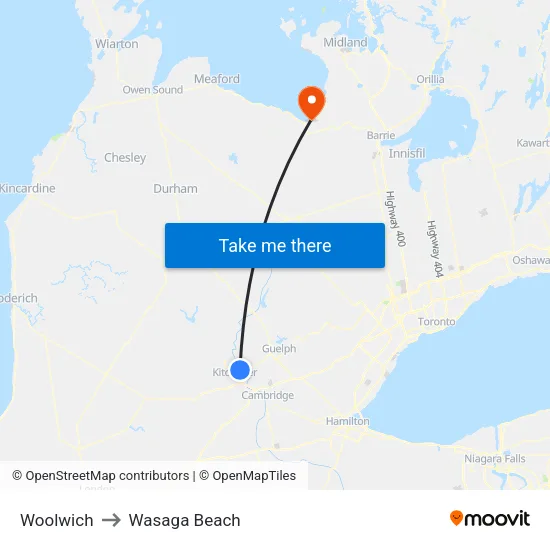 Woolwich to Wasaga Beach map