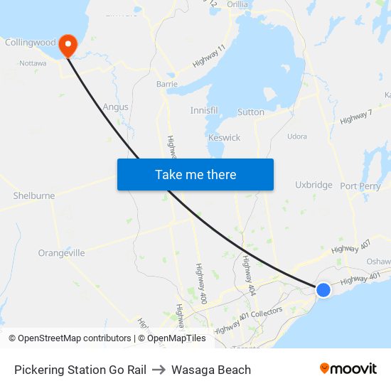 Pickering Station Go Rail to Wasaga Beach map