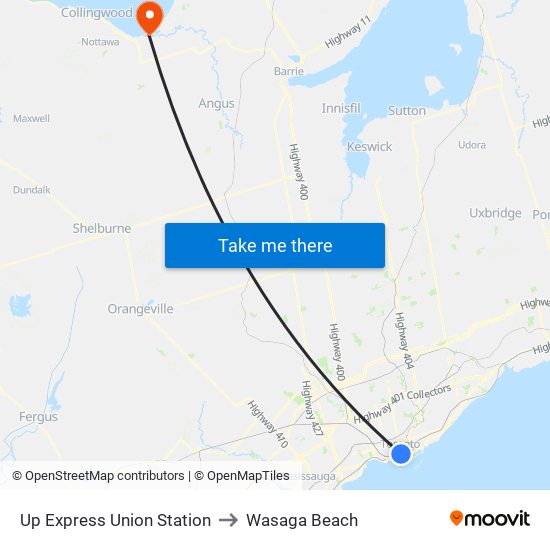 Up Express Union Station to Wasaga Beach map