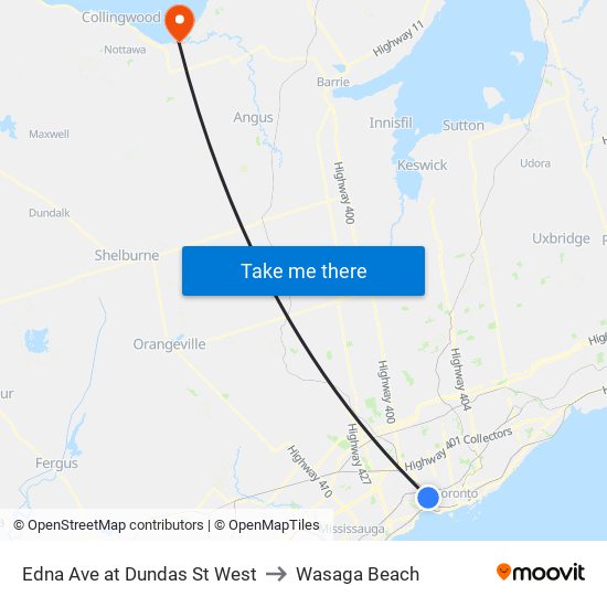 Edna Ave at Dundas St West to Wasaga Beach map