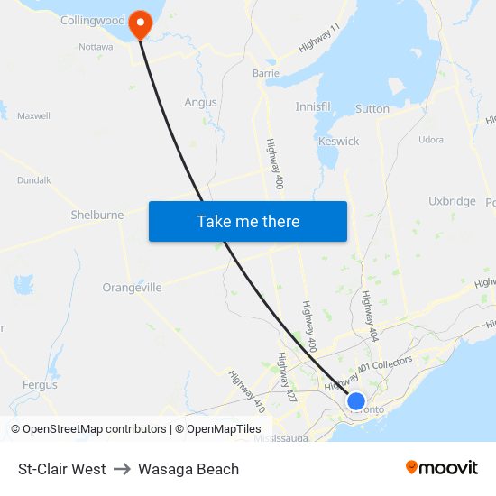 St-Clair West to Wasaga Beach map