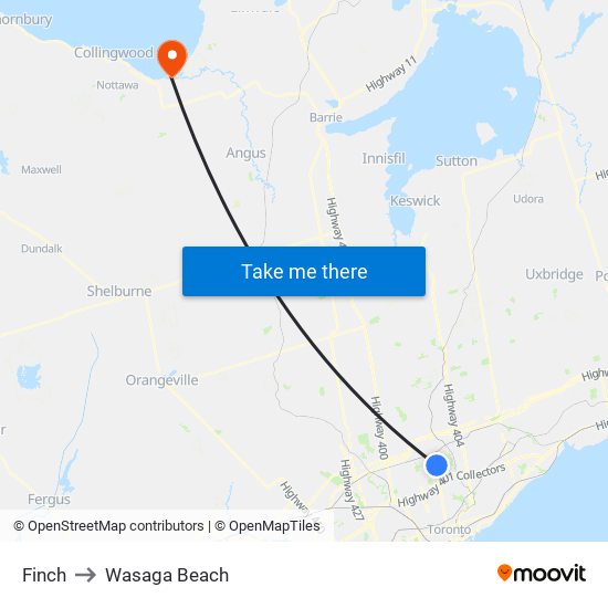 Finch to Wasaga Beach map