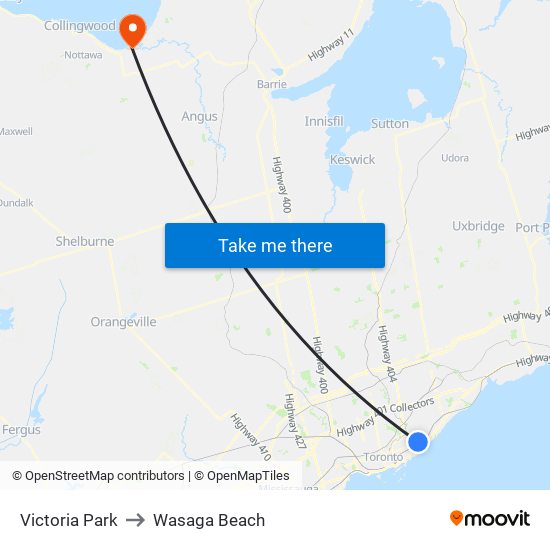 Victoria Park to Wasaga Beach map