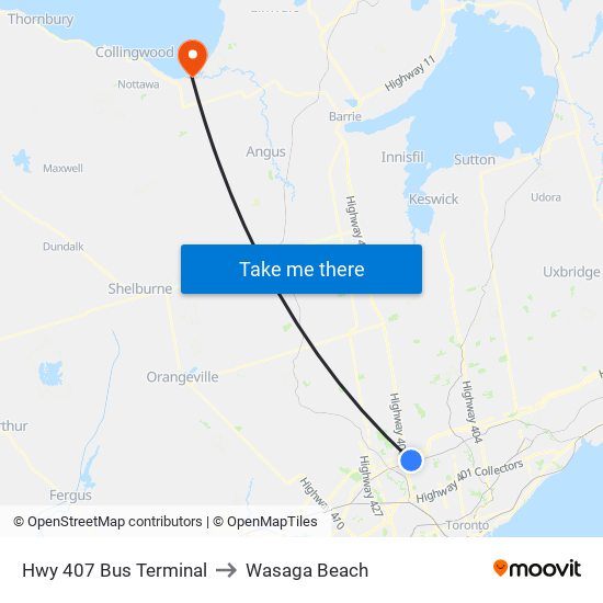 Hwy 407 Bus Terminal to Wasaga Beach map