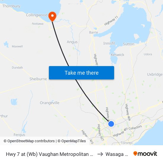 Hwy 7 at (Wb) Vaughan Metropolitan Centre Station to Wasaga Beach map