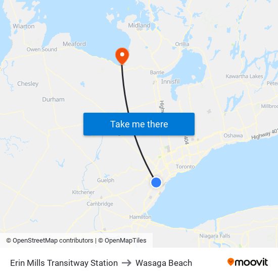 Erin Mills Transitway Station to Wasaga Beach map