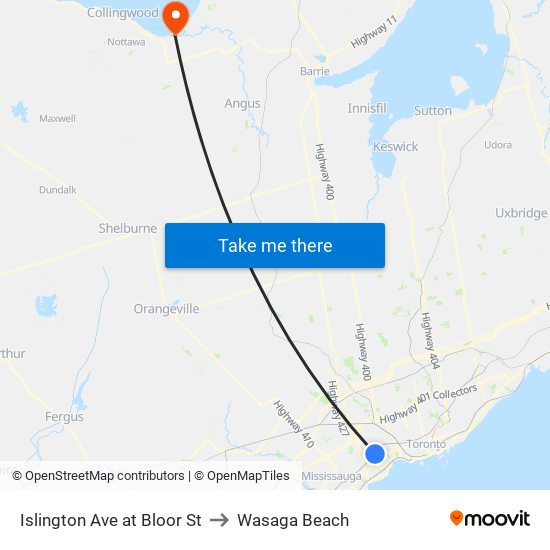 Islington Ave at Bloor St to Wasaga Beach map