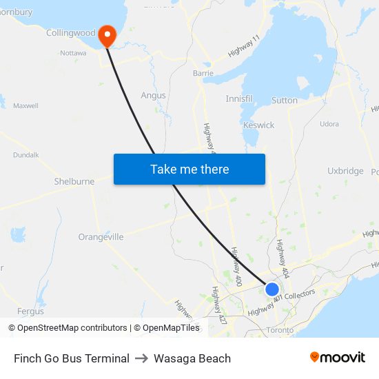 Finch Go Bus Terminal to Wasaga Beach map