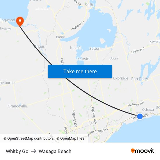 Whitby Go to Wasaga Beach map