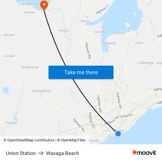 Union Station to Wasaga Beach map