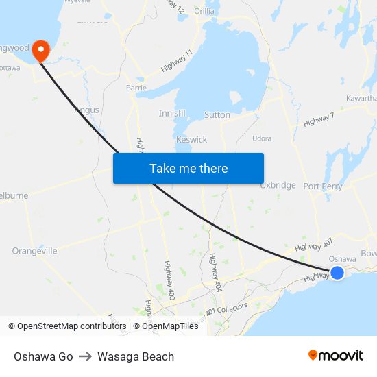 Oshawa Go to Wasaga Beach map