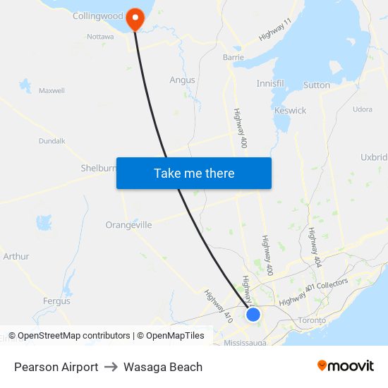 Pearson Airport to Wasaga Beach map