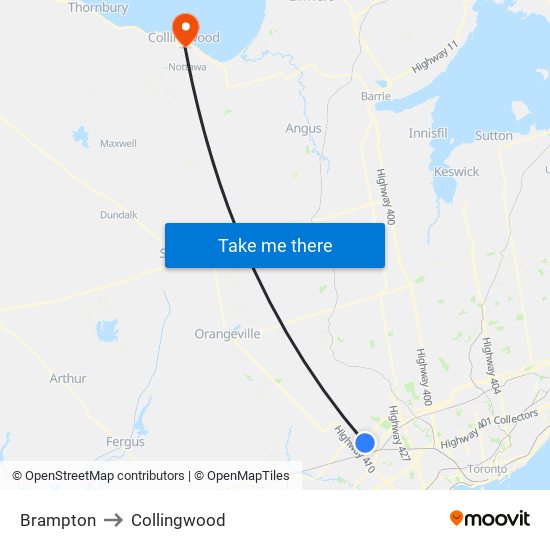 Brampton to Collingwood map