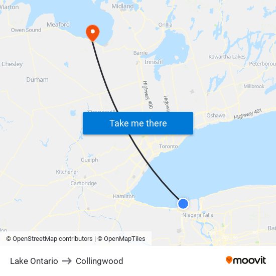 Lake Ontario to Collingwood map