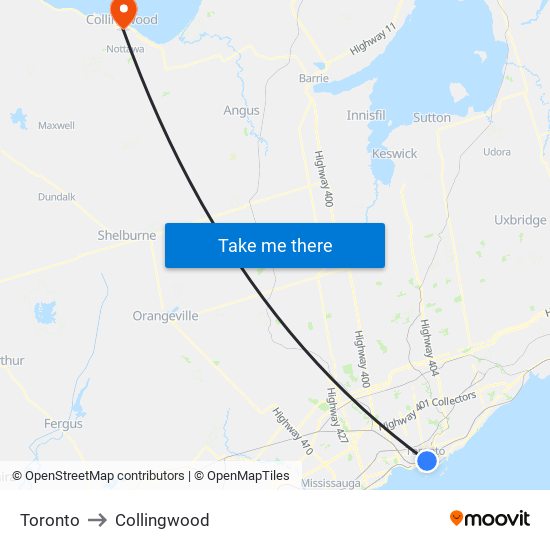 Toronto to Collingwood map