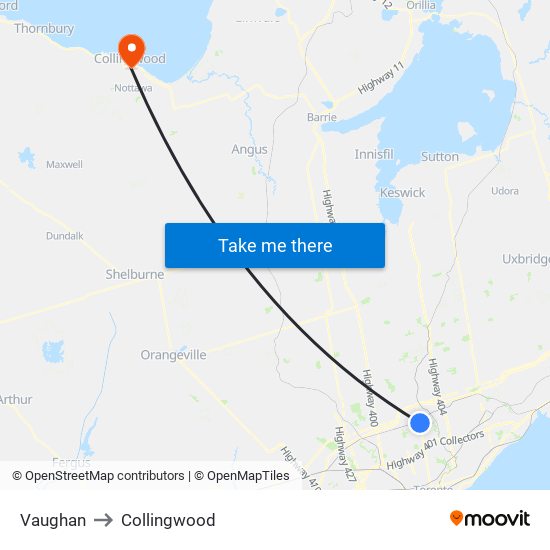 Vaughan to Collingwood map