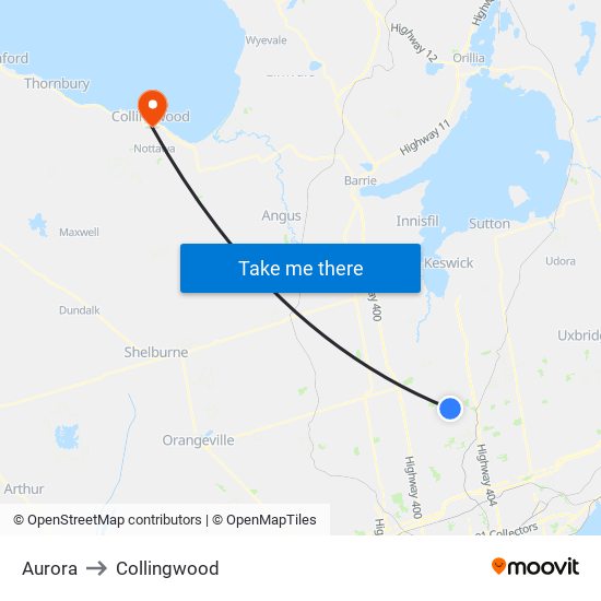 Aurora to Collingwood map