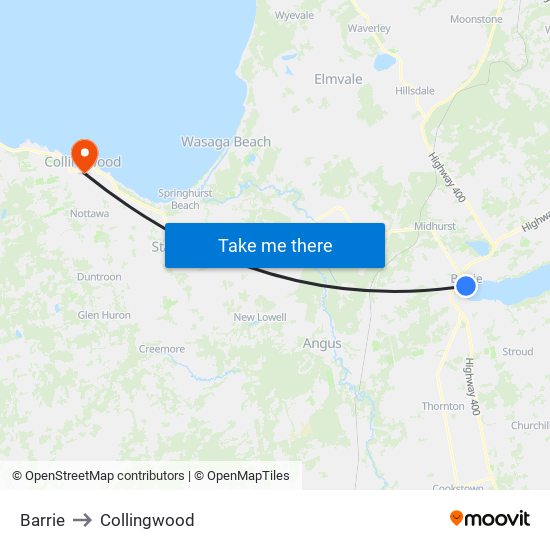 Barrie to Collingwood map