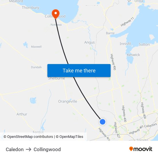 Caledon to Collingwood map