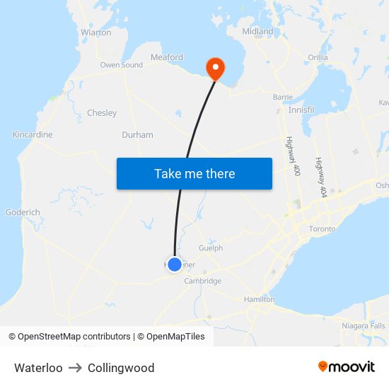 Waterloo to Collingwood map