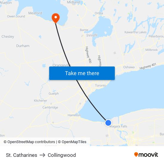 St. Catharines to Collingwood map
