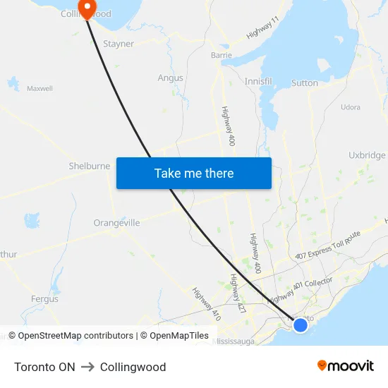 Toronto ON to Collingwood map
