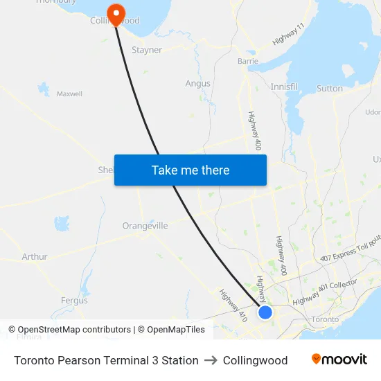 Toronto Pearson Terminal 3 Station to Collingwood map